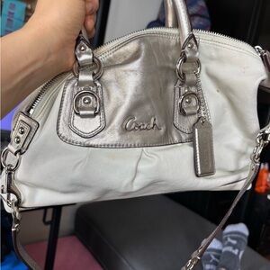 Coach Silver and White Leather Shoulder Satchel